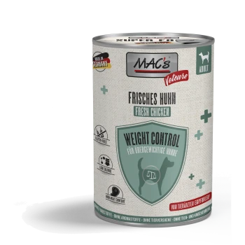 Dose MAC's Vetcare Fresh Chicken Weight Control Hundefutter für erwachsene Hunde, glutenfrei, kalorienarm, hoher Fleischanteil.