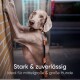 Ein schlanker grauer Weimaraner lehnt an einer Wand und trägt eine stilvolle Leine. Text: "Stark & zuverlässig, Ideal für mittelgroße & große Hunde."