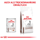 Royal Canin Veterinary Hepatic Hundefutter in einer Dose und einem Beutel, mit dem Text "AUCH ALS TROCKENNAHRUNG ERHÄLTLICH" darüber.