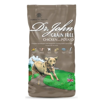 12,5 kg Sack Dr. John Getreidefreies Huhn- und Kartoffel-Hundefutter, mit einer laufenden Hundillustration und 25 % Protein, hypoallergen, getreidefrei.