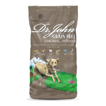 12,5 kg Sack Dr. John Getreidefreies Huhn- und Kartoffel-Hundefutter, mit einer laufenden Hundillustration und 25 % Protein, hypoallergen, getreidefrei.