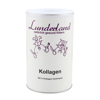 Weißer zylindrischer Behälter mit der Aufschrift 'Lunderland Kollagen' mit Illustrationen eines Hundes und einer Katze, die Utensilien halten, mit dem Hinweis '100% Kollagen Hydrolysat.'