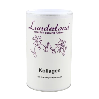 Weißer zylindrischer Behälter mit der Aufschrift 'Lunderland Kollagen' mit Illustrationen eines Hundes und einer Katze, die Utensilien halten, mit dem Hinweis '100% Kollagen Hydrolysat.'