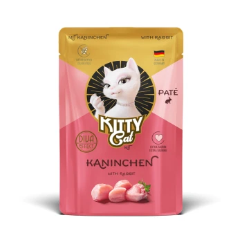 Kitty Cat getreidefreie Kaninchenpastete Katzenfutterbeutel, hergestellt in Deutschland, mit extra Taurin und Diva-Effekt.