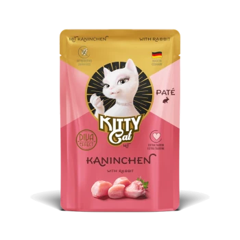 Kitty Cat getreidefreie Kaninchenpastete Katzenfutterbeutel, hergestellt in Deutschland, mit extra Taurin und Diva-Effekt.