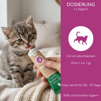 Ein getigertes Kätzchen leckt an einer Vitaminpastentube; ein magentafarbenes Feld zeigt 'DOSIERUNG 1 x täglich' und Dosierungsangaben auf Deutsch.