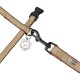 A close-up of a beige and brown pet leash featuring a black clip and a silver charm with a pet silhouette.