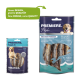 Deux paquets de friandises pour animaux : à gauche, "Premiere Snack It" avec une image de chien, étiqueté "Meaties. Fish" ; à droite, "Premiere Fish" avec "Getrockneter Fischsnack".