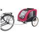 Ein pinkfarbener und schwarzer Haustieranhänger, der an einem Fahrrad befestigt ist, mit einem transparenten Frontfenster und Netzseiten zur Belüftung.