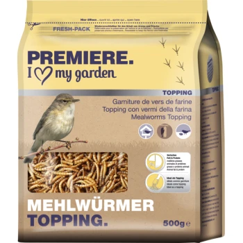 A 500g bag of "Premiere I Love My Garden" mealworms topping, featuring a small bird on a branch and a transparent window showing the mealworms inside.