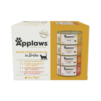 Applaws natürliches Katzenfutter-Paket mit 12 Dosen (je 70g) in Huhn, Huhn mit Käse, Huhn mit Kürbis und Huhn mit Schinken.