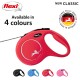 Red retractable dog leash with black and white cord, labeled "NEW CLASSIC" and showcasing black, blue, and pink versions below.