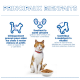Chat orange et blanc avec un bol de croquettes sous l'en-tête « PRINCIPAUX BIENFAITS » et trois icônes illustrant les bénéfices en français.