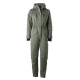 Ein grüner isolierter Overall mit Kapuze, mit Reißverschlusstaschen und elastischen Bündchen, vor einem weißen Hintergrund präsentiert.