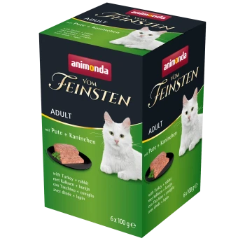 Verpackung für Katzenfutter mit einer weißen Katze, beschriftet mit "animonda vom Feinsten Adult" mit Truthahn und Kaninchen, enthält 6 x 100g Portionen.