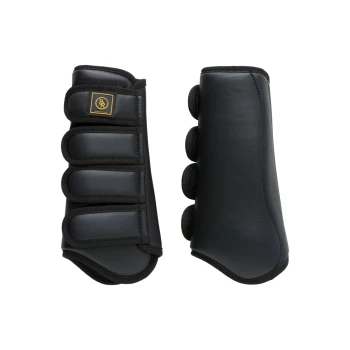 Schwarze Pferdeboots mit gepolsterter Schutzfunktion und verstellbaren Riemen, nebeneinander vor einem weißen Hintergrund präsentiert.