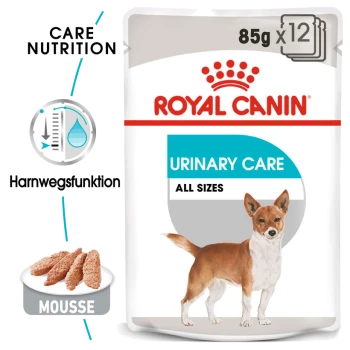 Verpackung von Royal Canin Urinary Care Hundefutter mit einer kleinen Hundillustration, die "85g x 12" und "Alle Größen" mit einer Mousse-Textur angibt.