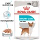 Verpackung von Royal Canin Urinary Care Hundefutter mit einer kleinen Hundillustration, die "85g x 12" und "Alle Größen" mit einer Mousse-Textur angibt.