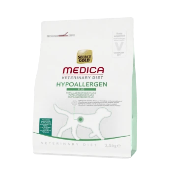 Sac de nourriture pour chiens hypoallergénique Select Gold Medica Veterinary Diet, 2,5 kg, présentant la silhouette d'un chien et un texte multilingue.