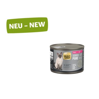 Dose Select Gold Senior Pure pferdegeschmackfreie, getreidefreie Katzenfutter mit einem Bild einer Siamkatze und dem Label "NEU - NEW".