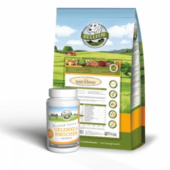 Eine Tüte Bellfor Hundefutter mit der Aufschrift 'HEIDE-SCHMAUS' und einer Nährwerttabelle, neben einer Flasche 'Gelenke & Knochen' Kapseln für die Gelenkgesundheit.