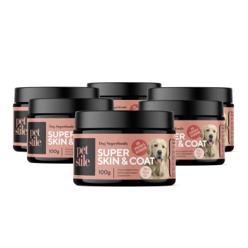 Sechs Gläser "Petstile Dog Superfoods Super Skin & Coat", jedes mit 100g, die die Hautfeuchtigkeit und ein gesundes Fell fördern.