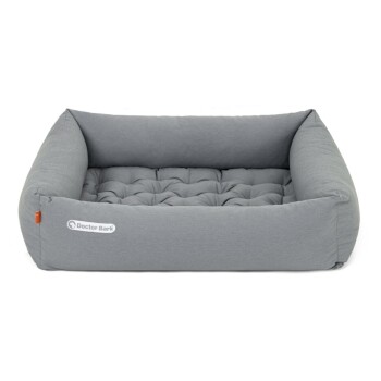 Graues Haustierbett mit einem gepolsterten Design und einem Logo, das auf der Seite 'Doctor Bark' liest.