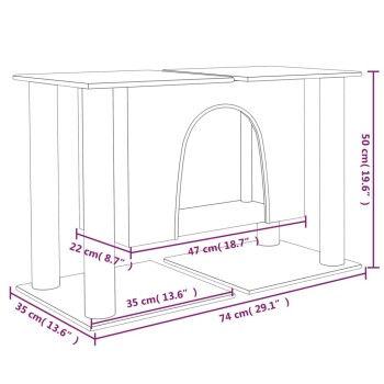 Illustration eines Haustiermöbelstücks mit beschrifteten Abmessungen: Höhe 50 cm, Breite 74 cm, Tiefe 35 cm, mit einem Durchgang.