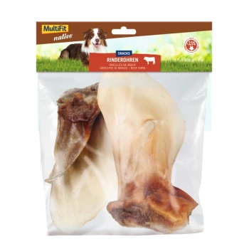Packung mit MultiFit native Rinderohren-Snacks für Hunde, mit zwei Rinderohren in einer klaren Tüte mit braunem Header und einem Hundebild.