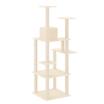 Ein hoher, mehrstöckiger Katzenbaum in hellem Beige, mit verschiedenen Plattformen und einem würfelförmigen Ruhebereich für Katzen.
