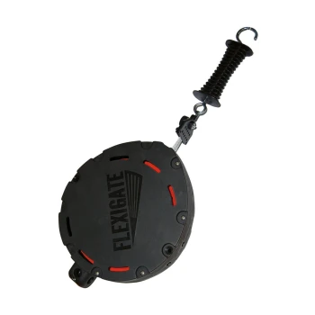 Schwarze, einziehbare Haustierleine mit roten Akzenten und einem gummierten Griff, mit dem Logo 'FLEXIGATE'.