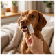 Brown dog on couch with human hand touching its chin, cozy throw and potted plants in background. No visible text.