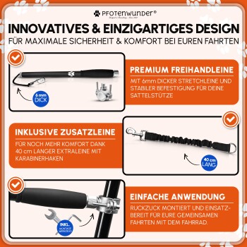 Pfotenwunder Premium-Hundeleine mit 6 mm dickem Stretchseil, 40 cm zusätzlicher Leine und stabilem Fahrrad-Sattelstützenhalter für sichere Fahrten.