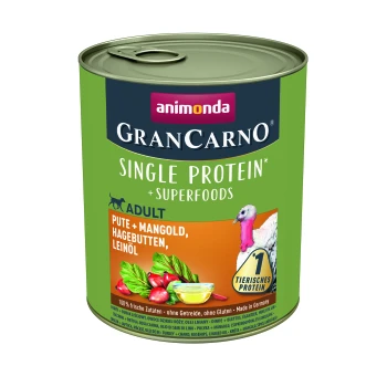 Puszka karmy dla psów Animonda GranCarno z "Jednym Białkiem + Superfoods" dla dorosłych, z indykiem, burakiem, dziką różą i olejem lnianym.