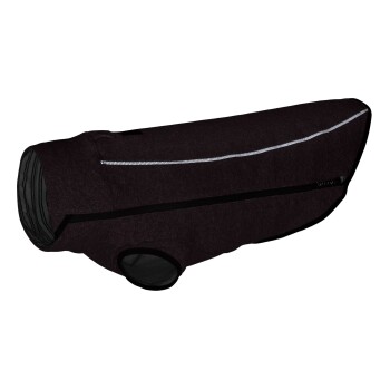 Eine dunkelviolette Hundejacke mit einem reflektierenden Streifen, mit einer Reißverschlusstasche und einer engen Passform für Wärme und Komfort.