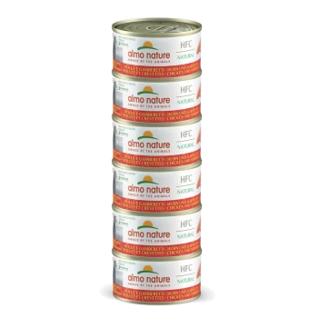 Pile de cinq boîtes de nourriture pour chats Almo Nature étiquetées «HFC Natural» avec la saveur «Poulet et crevette».