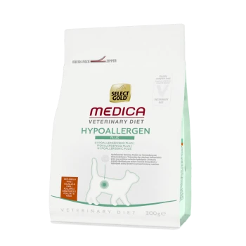 Select Gold Medica Veterinary Diet Hypoallergen cat food, 300g bag, featuring a green and white design with a dog silhouette.
