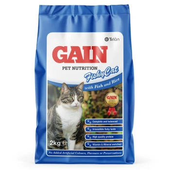 Blue GAIN FishyCat pet food bag (2kg) with tabby cat, labeled "with Fish and Rice," promoting "Complete and balanced" and "High quality protein."