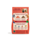 Orangefarbene Hundefuttertüte mit Aufschrift „WENN HUNDE KOCHEN KÖNNTEN“, zwei Hundefotos, Lebensmittelillustrationen und Icons für Nährstoffvorteile.
