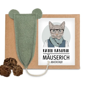 Eine Pappverpackung mit einem grünen Filzmausspielzeug und drei Matatabi-Stäbchen, beschriftet mit "KATER KASIMIR MÄUSERICH MATATABI."