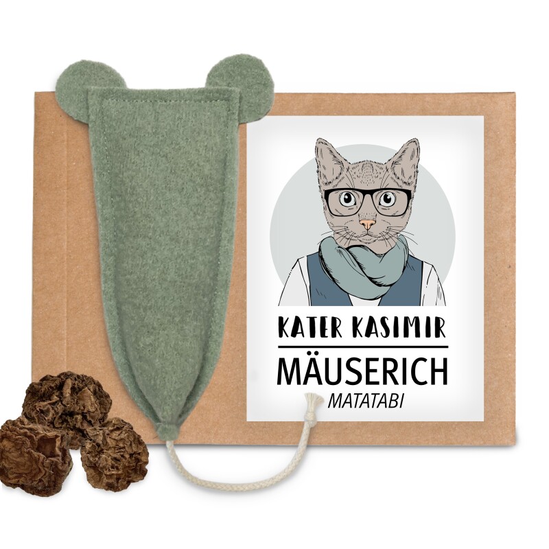 Kater Kasimir MÄUSERICH - Die XL Spielmaus, handgenäht aus echtem Wollfilz mit Matatabi-Früchten