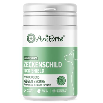 Behälter von AniForte Tick Shield für große Hunde, mit einer Hundillustration und Text in Deutsch und Englisch.