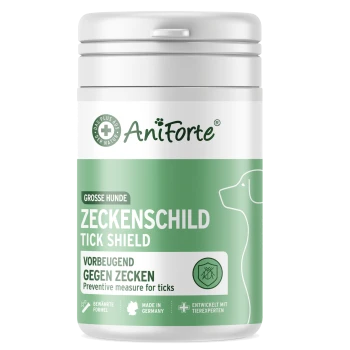 Behälter von AniForte Tick Shield für große Hunde, mit einer Hundillustration und Text in Deutsch und Englisch.