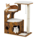 Zwei Katzen entspannen auf einem Holz-Katzenbaum; eine orangefarbene Tabby liegt oben, während eine weiße Katze aus einem gemütlichen Versteck späht.