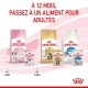 Image de produits alimentaires pour chats Royal Canin, y compris les formules pour chatons et adultes, avec un texte conseillant de passer à la nourriture pour adultes à 12 mois.