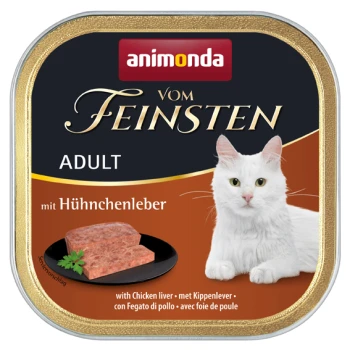 Eine Dose Katzenfutter mit einer weißen Katze auf der Vorderseite, mit dem Text "animonda vom Feinsten ADULT mit Hühnchenleber" und einer Portion Hühnerleberpastete.