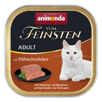Eine Dose Katzenfutter mit einer weißen Katze auf der Vorderseite, mit dem Text "animonda vom Feinsten ADULT mit Hühnchenleber" und einer Portion Hühnerleberpastete.