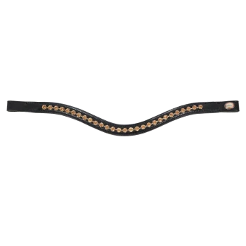 Schwarzes Leder-Hundehalsband mit gewelltem Design, verziert mit funkelnden goldenen Strasssteinen entlang der Mitte.