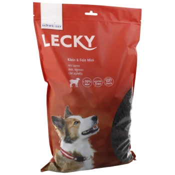 Rote Tüte mit Lecky-Hundeleckerlis, die einen Corgi auf der Vorderseite zeigt, beschriftet mit 'Klein & Fein Mini' und Icons für '70% Fleisch', 'glutenfrei' und 'weicher Snack'.