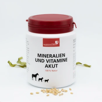 Weißer Behälter des Haustierergänzungsmittels Herzenstier Mineralien und Vitamine Akut mit rotem Deckel und Tier-Silhouetten auf dem Etikett.